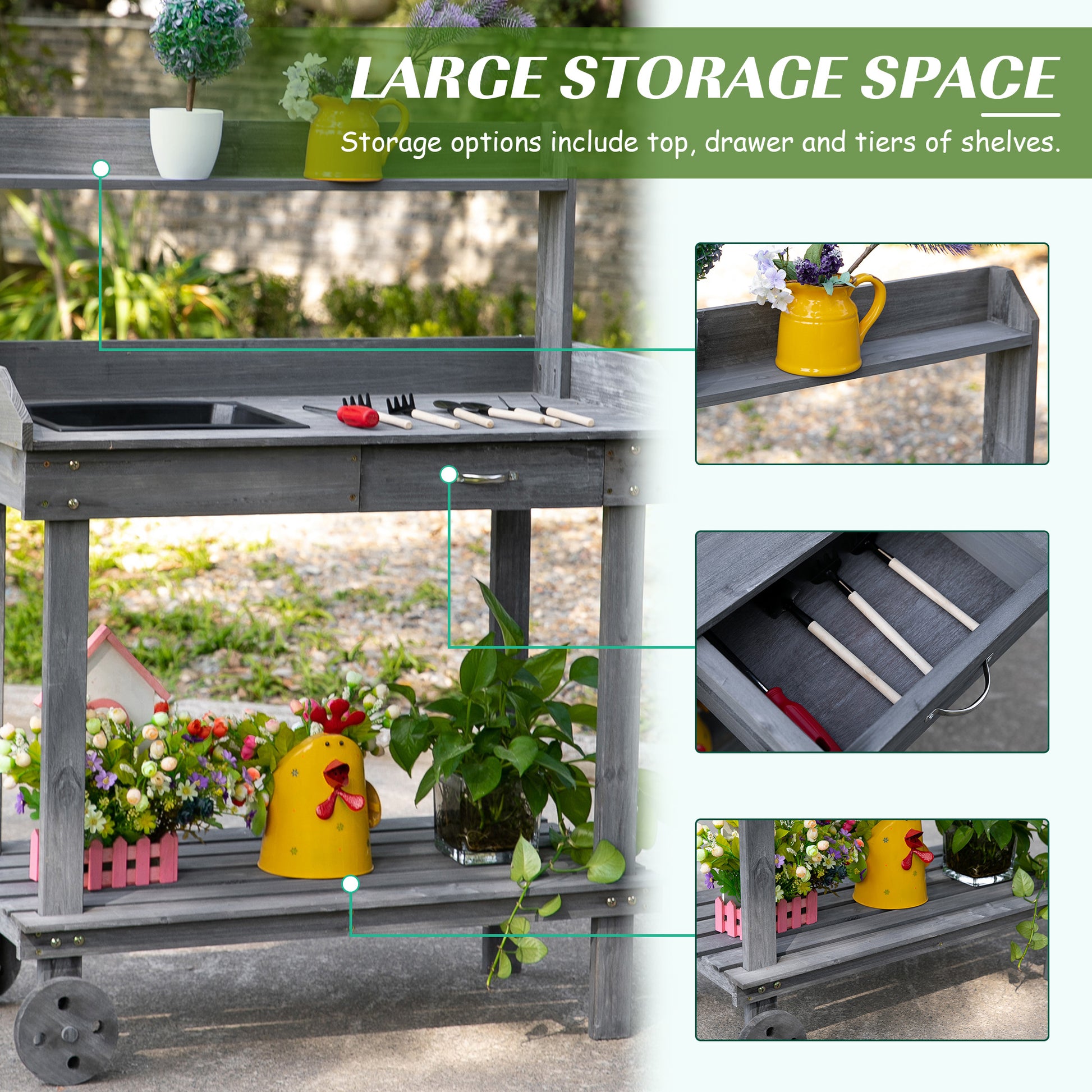Outsunny 36'' Wooden Potting Bench Work Table with 2 Removable Wheels, Sink, Drawer & Large Storage Spaces, Gray image 4
