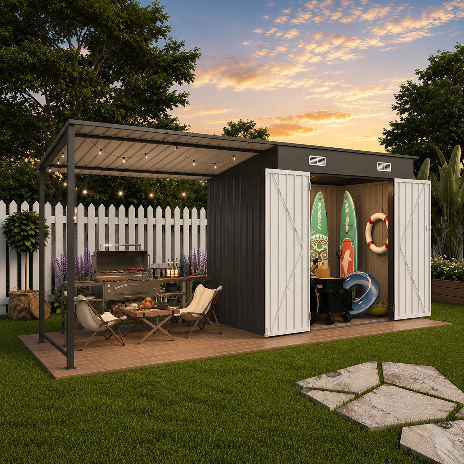 12x4 FT Metal Lean-To Shed with Pergola, 6x4 FT Outdoor Storage Shed & Hardtop Gazebo Combo, 2-in-1 Garden Tool Shed with Open Side for Patio, Backyard, Deck image 10