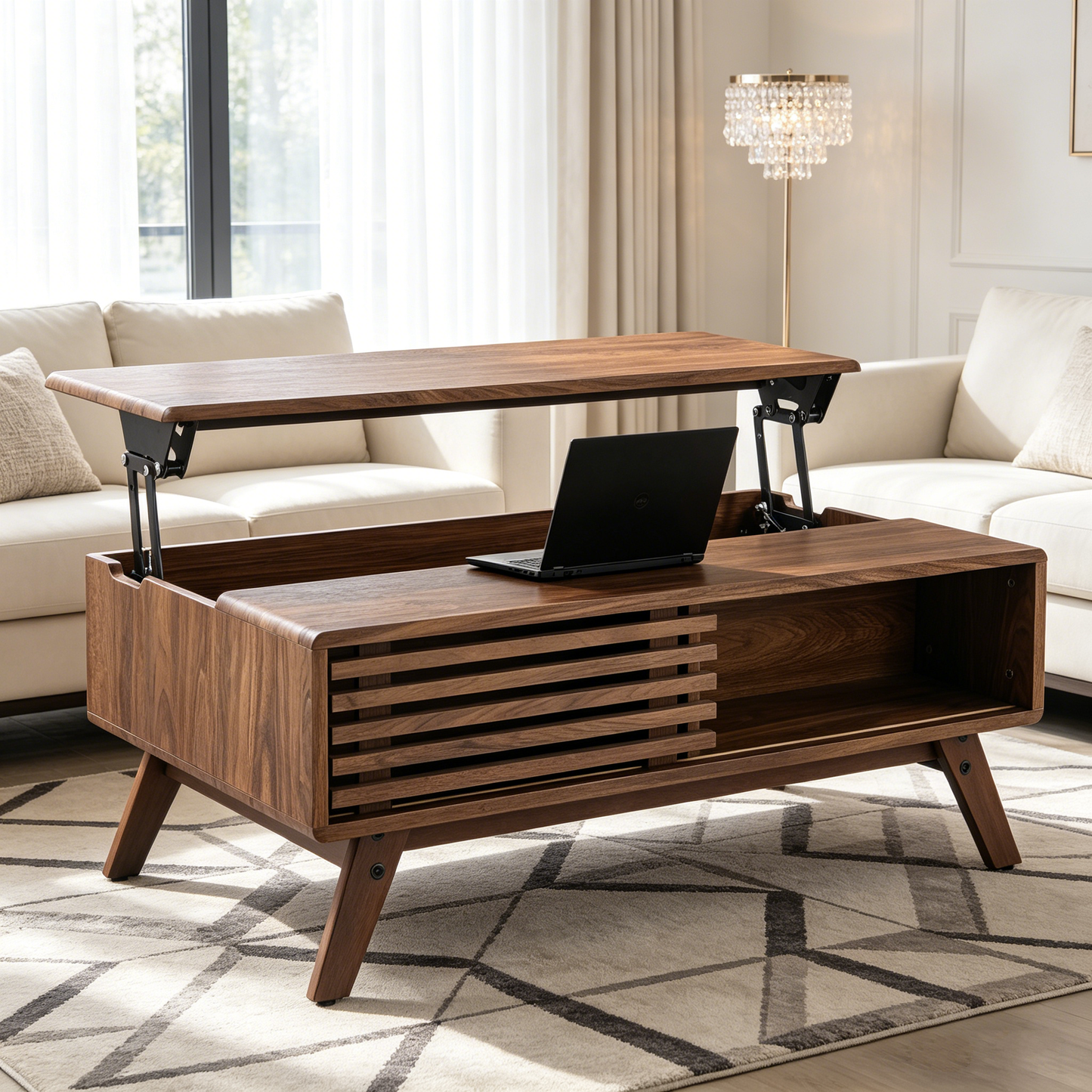 39.37" Mid-Century Walnut Lift Top Coffee Table, Multifunctional Lift-Up Coffee Table with Hidden Storage & Open Shelf for Living Room image 4