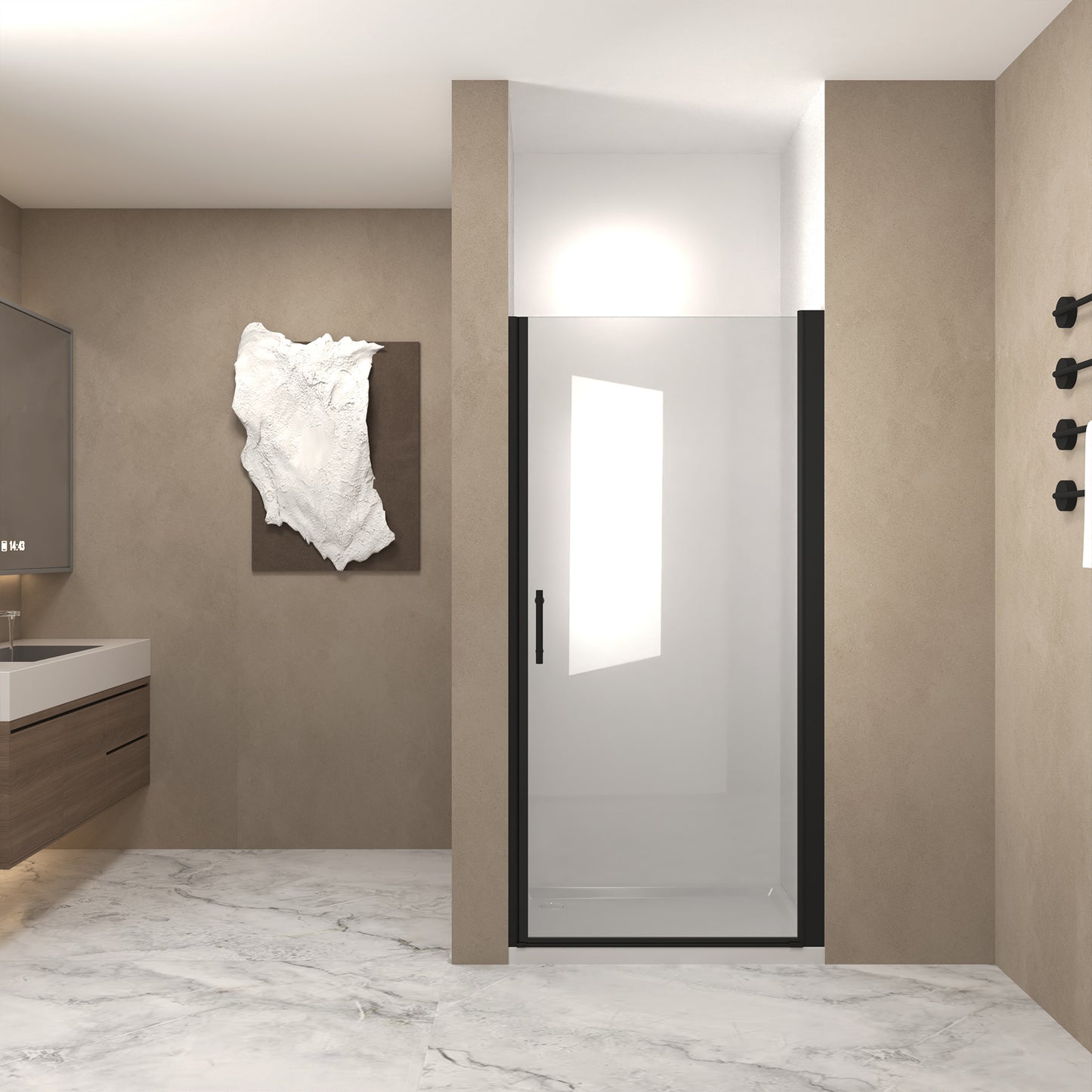 28"x 72" Pivot Shower Door, Matte Black Aluminum Frame, Half Frame,1/4"(6mm) Tempered Glass Explosion Proof Film,Stainless Steel Handle image 1