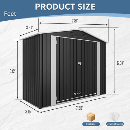 8ft x 4ft Outdoor Metal Storage Shed with Lockable Latch for Backyard, Patio, Lawn,Black(7.81*3.64 FT) image 4