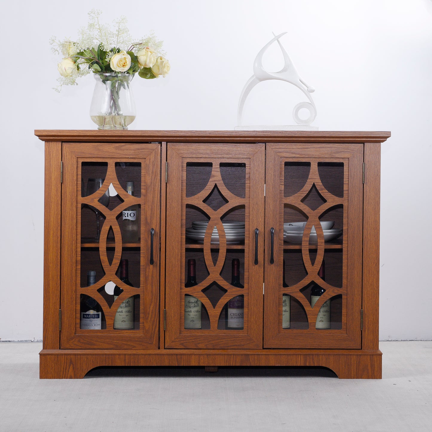 48.66" x 15.55" x 34.06" Spacious size sideboard 3 clear tempered glass doors buffet with adjustable shelf, MDF with dark OAK decorative laminates storage cabinet for dinning room, kitchen,living room image 6