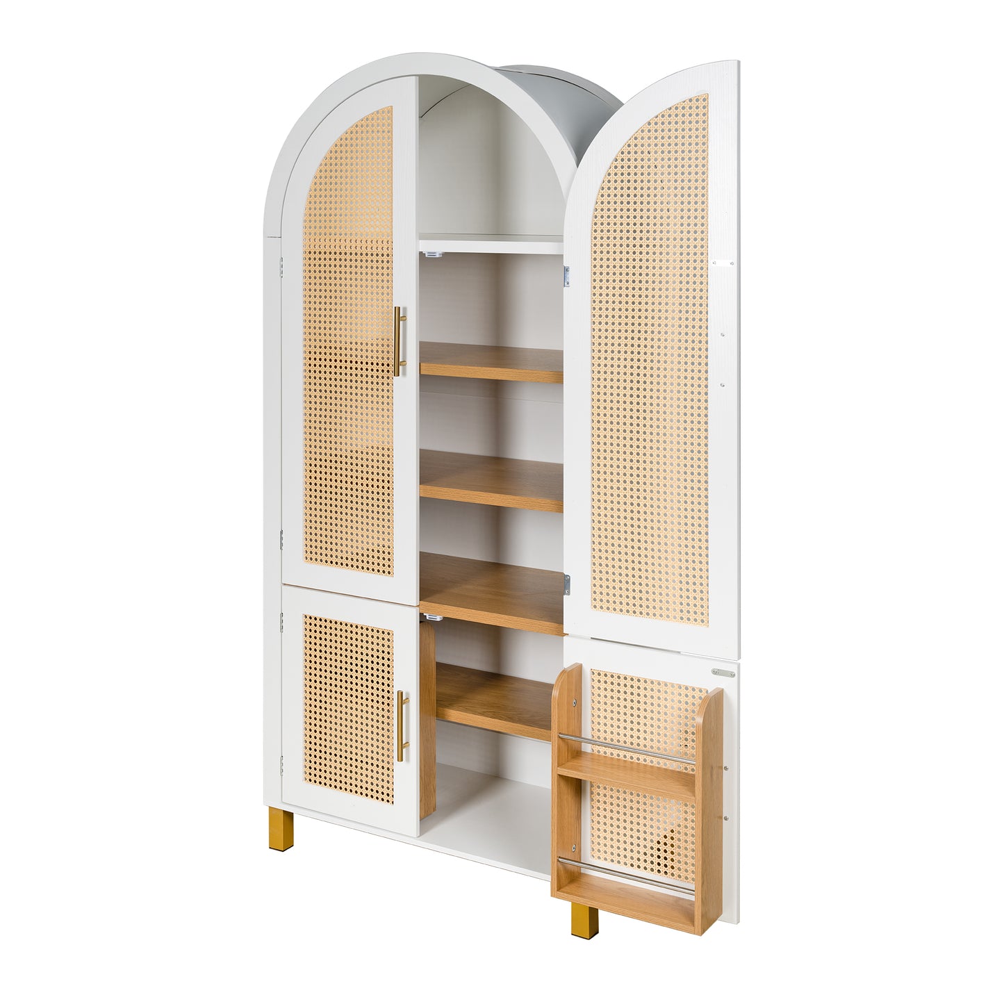 71" Tall Arched Cabinet with Rattan Doors & Adjustable Shelves,4 Doors Modern Farmhouse Storage Cabinet with Built-in Racks for Kitchen, Dining Room, Study, White image 12