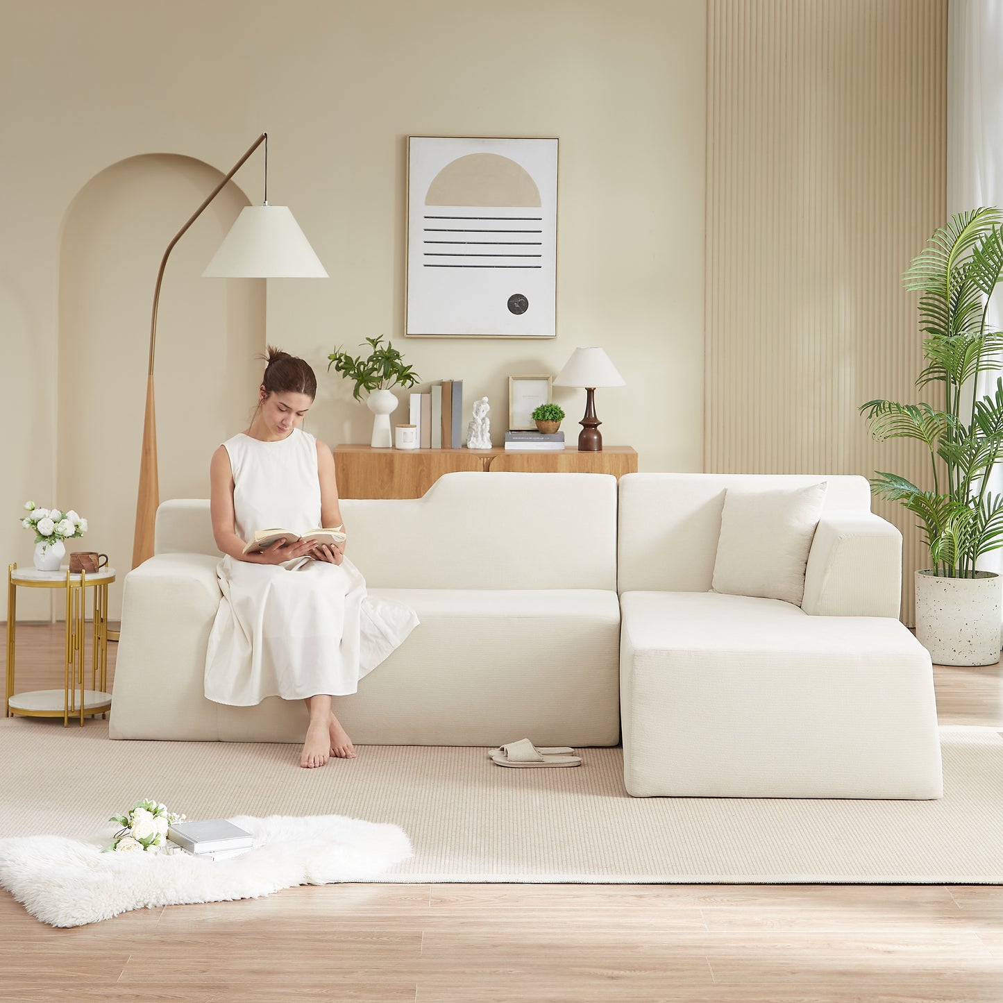 Modern minimalist L-shaped corduroy high back sofa image 1