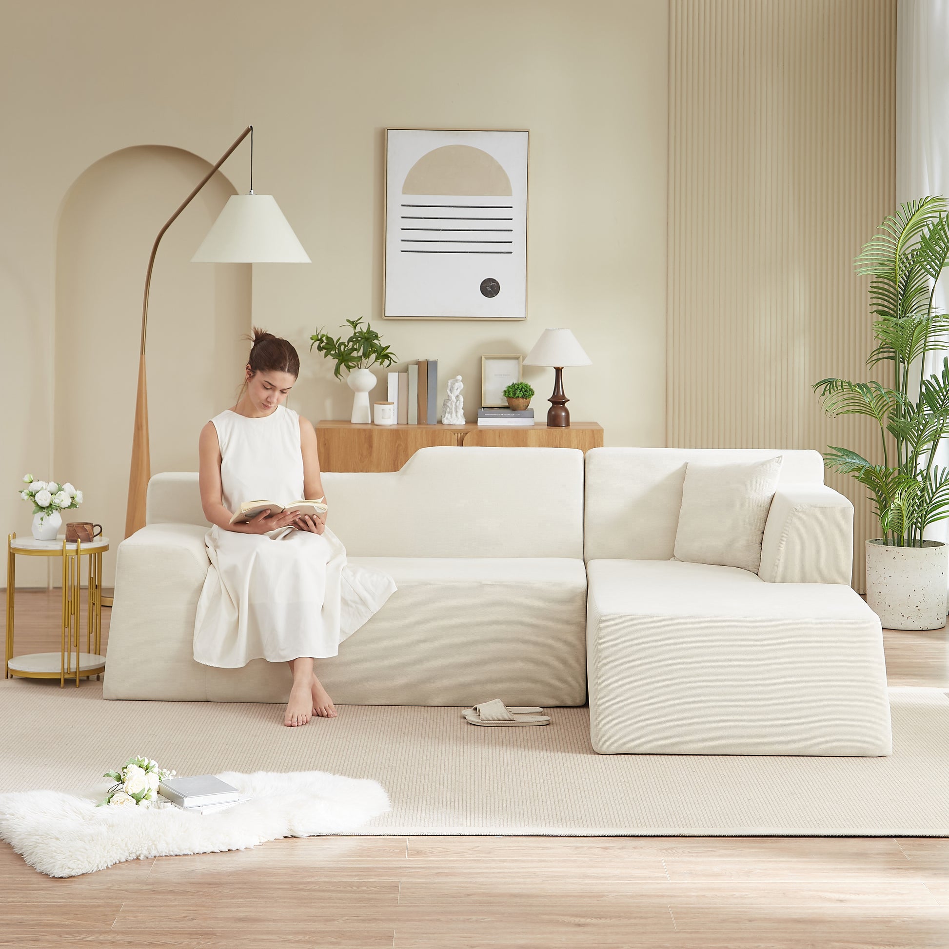 Modern minimalist L-shaped corduroy high back sofa image 1