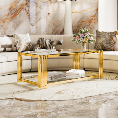 Modern Transparent Glass Coffee Table,Rectangle, Asymmetrical Metal, Gold Finish & Lower Shelf, 47.5" image 1