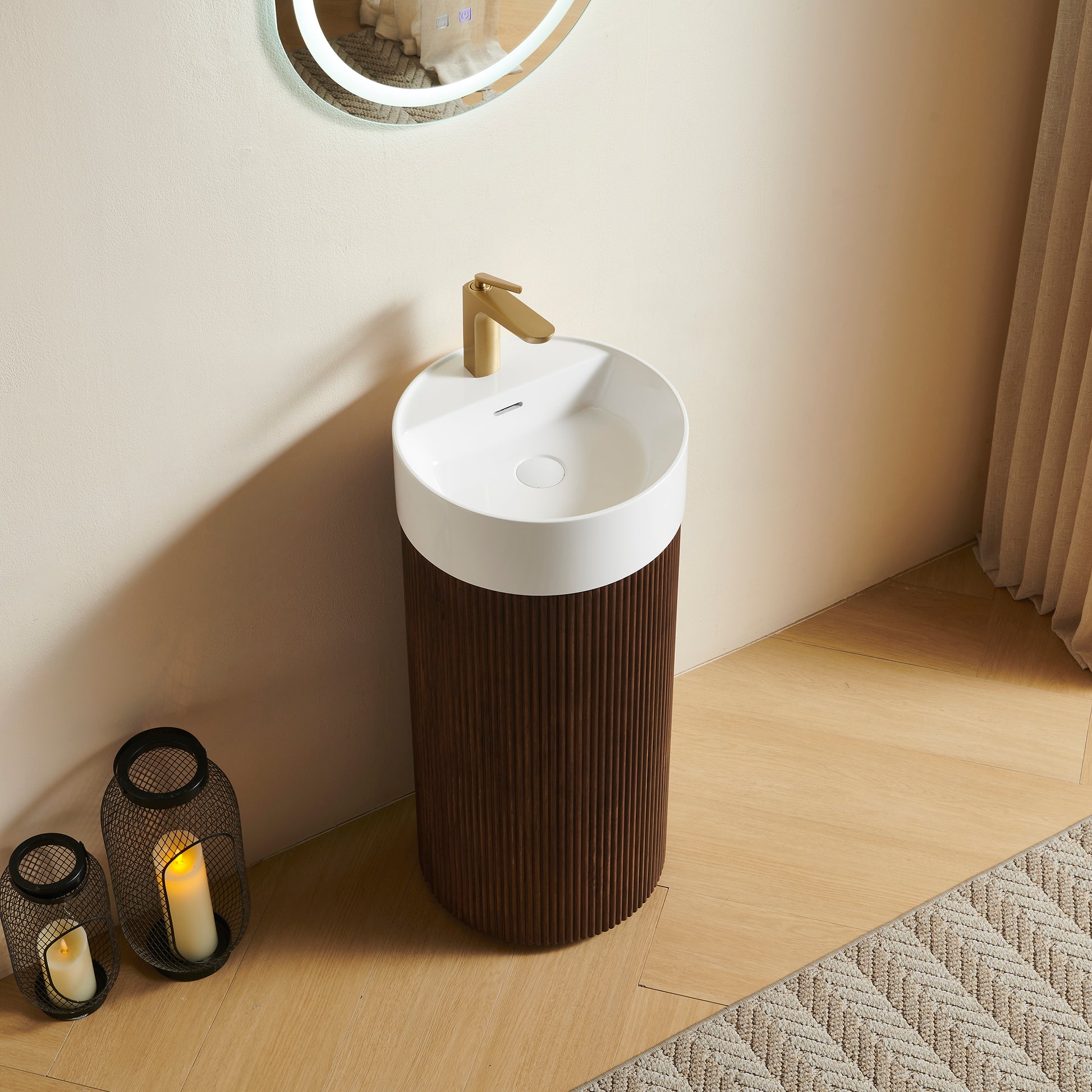 JINBO 16" Freestanding Cylindrical Cabinet, White Round Solid Surface Basin with Faucet Hole, NO Sink Cover, NO Faucet and Drain Set, Walnut Woodgrain Color image 1