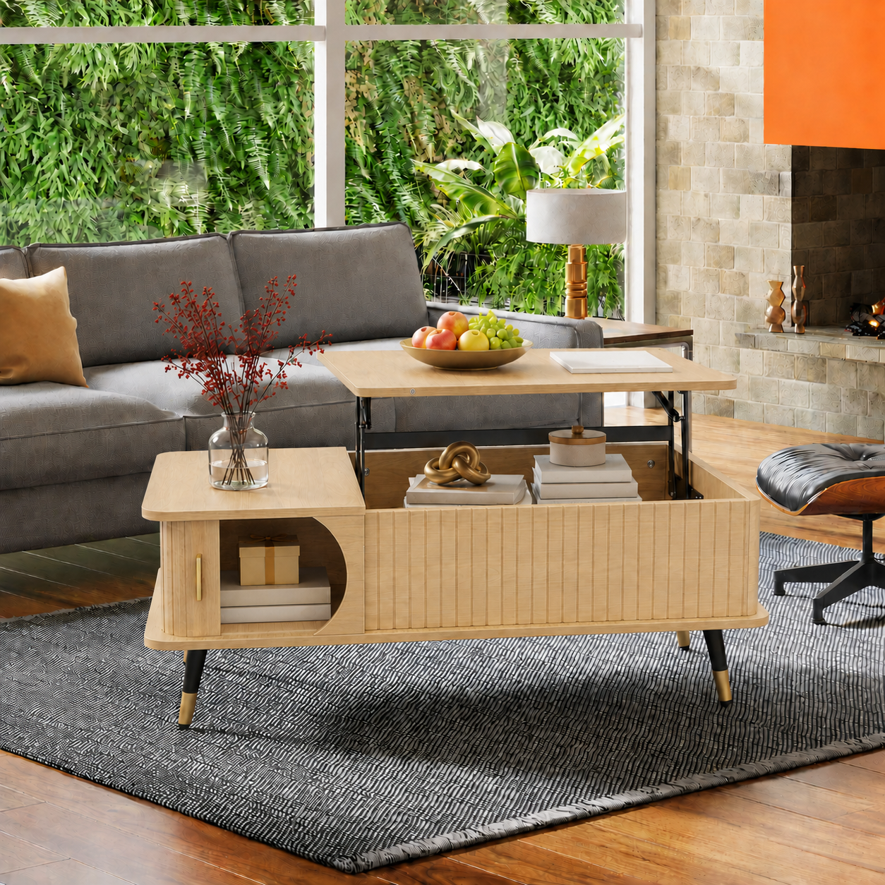 Wood Lift Top Coffee Table with Hidden Compartment and Large Storage Shelf, Lift Tabletop Dining Center Table for Home Living Room Office,Natucal image 1