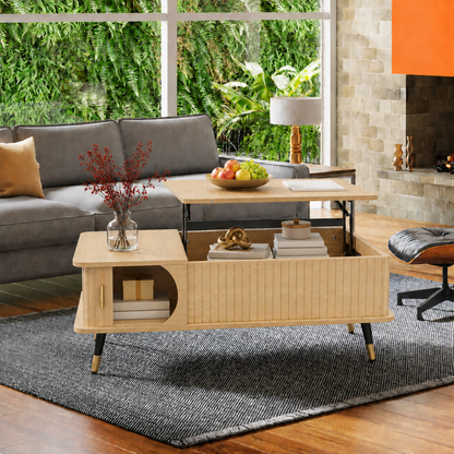 Wood Lift Top Coffee Table with Hidden Compartment and Large Storage Shelf, Lift Tabletop Dining Center Table for Home Living Room Office,Natucal image 1