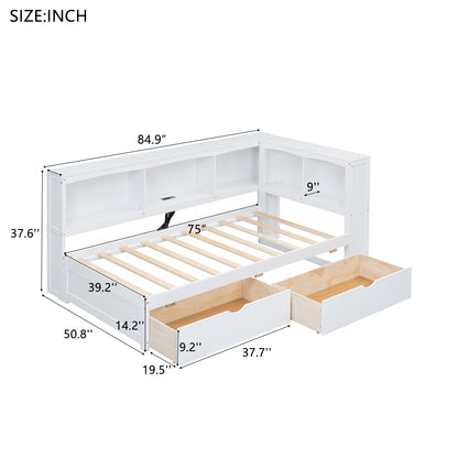 Twin Size Daybed with Two Storage Drawers, Storage Cabinets and USB Ports, White image 7