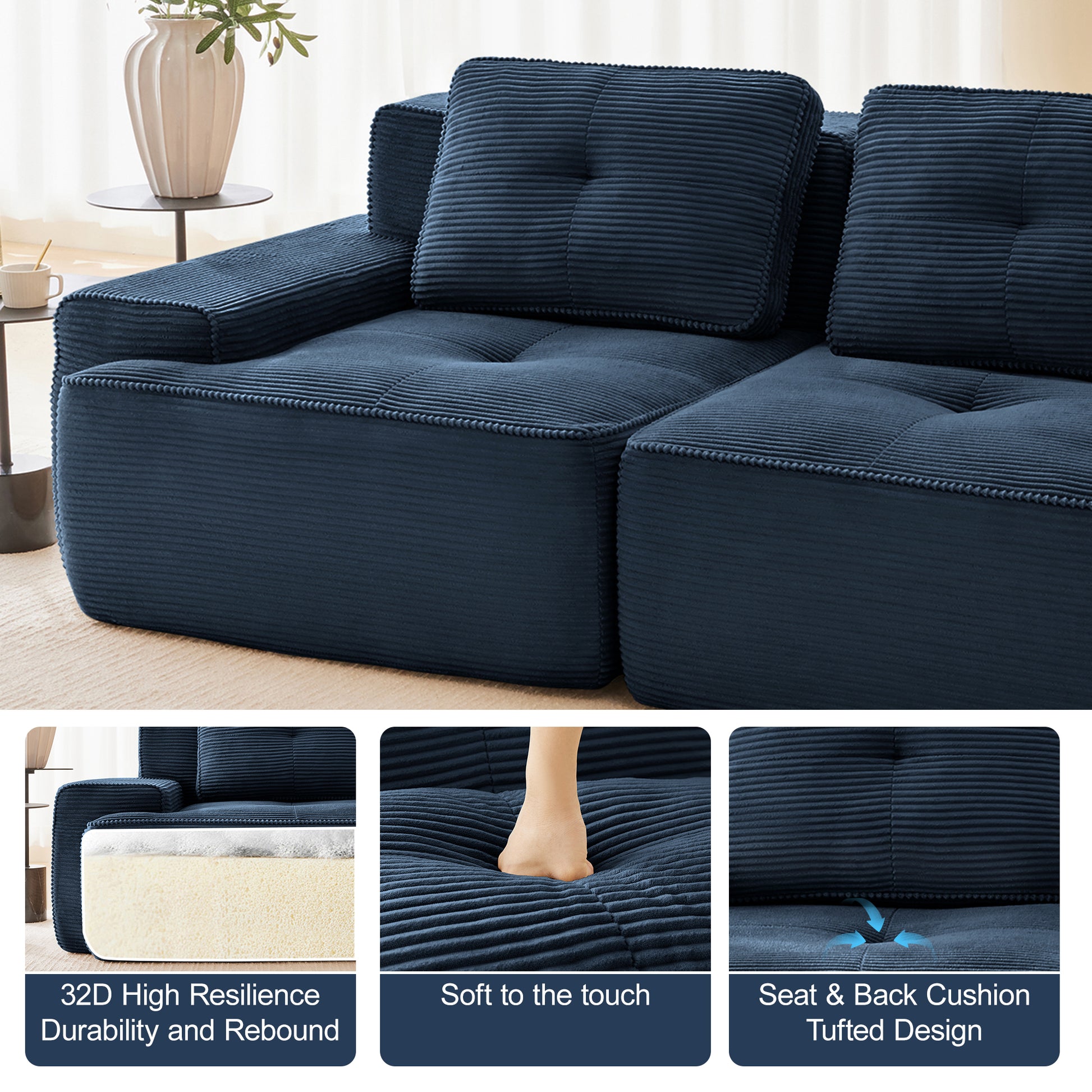 82" Modern L-Shaped Modular Sectional Sofa for Living Room, Corduroy Fabric, 2-Seater Couch with Deep Seat, Pearl-like piping, Tufted Design, No Assembly, Anti-slip Design​, Blue image 6