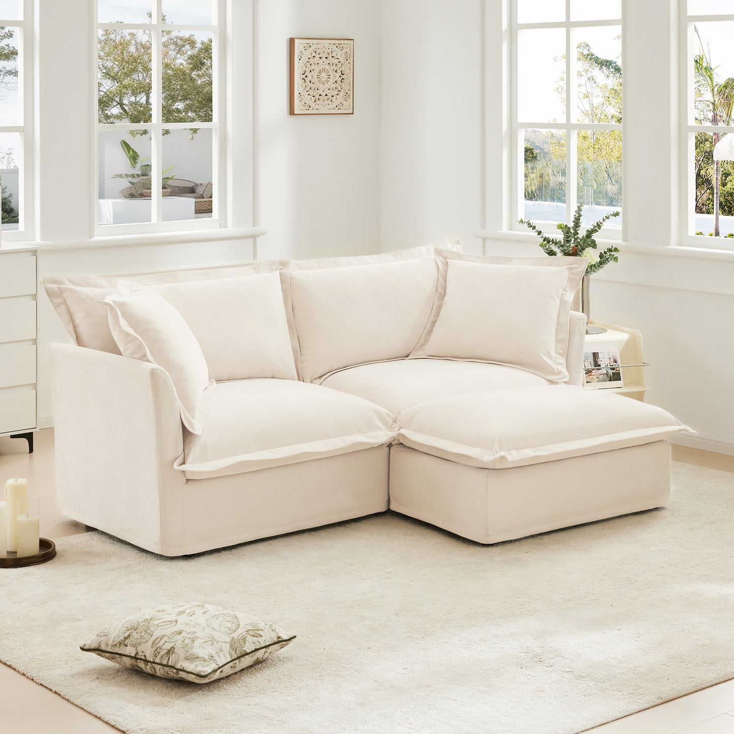 Slipcovered Sectional 2 Seater Sofa Couch with Convertible Ottoman, Wide and Deep Seat L Shaped Sofa with Detachable Cover and Soft Multiple Big Pillows, Chenille Fabric, Cream image 3