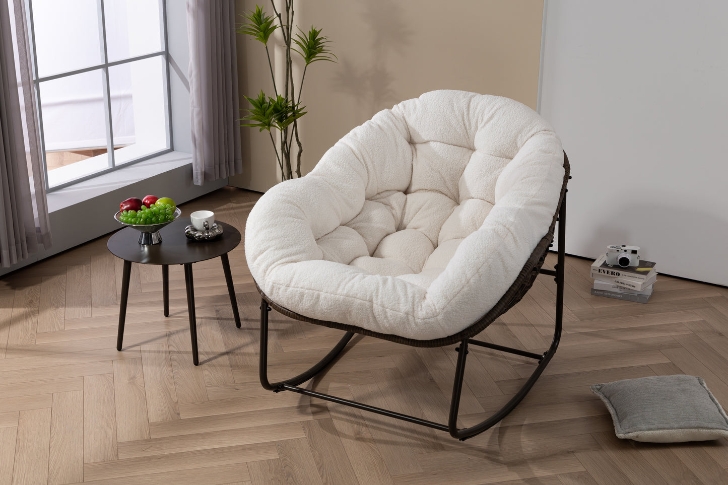 Outdoor Rattan Rocking Chair,Padded Cushion Rocker Recliner Chair Outdoor for Front Porch, Living Room, Patio, Garden, White image 6