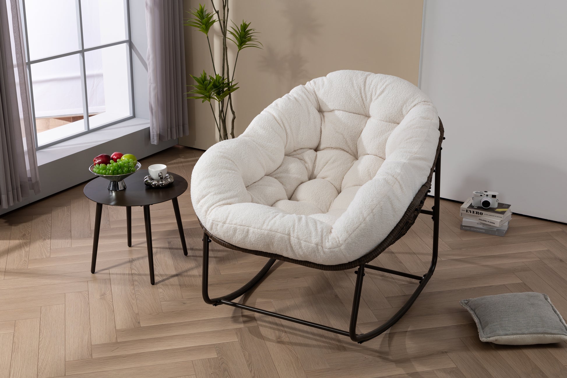 Outdoor Rattan Rocking Chair,Padded Cushion Rocker Recliner Chair Outdoor for Front Porch, Living Room, Patio, Garden, White image 6