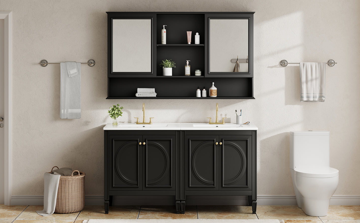 60" Double Sink Bathroom Vanity Set with Matching Wall Mount Medicine Cabinet, Vintage Raised Round Panel Doors & Tapered Legs, Soft Close Hinges, Adjustable Storage Shelves, Black image 8