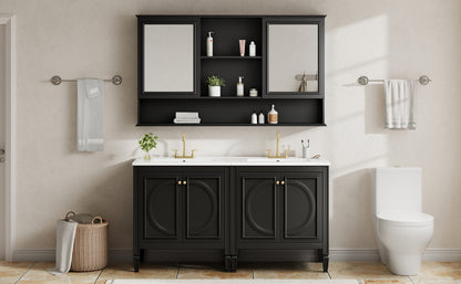 60" Double Sink Bathroom Vanity Set with Matching Wall Mount Medicine Cabinet, Vintage Raised Round Panel Doors & Tapered Legs, Soft Close Hinges, Adjustable Storage Shelves, Black image 8