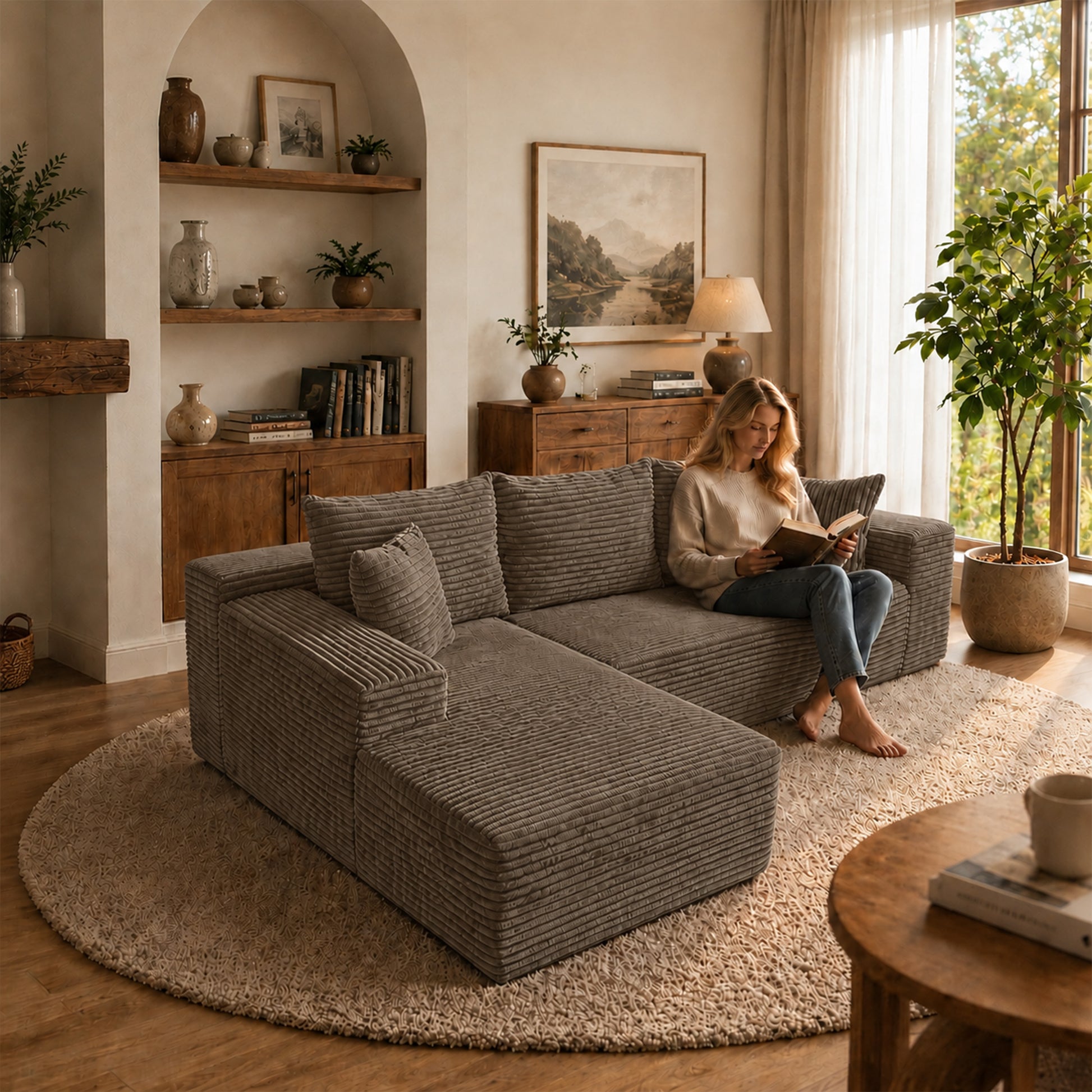 105.1-inch modern Coffee corduroy L-shaped 7-shaped sofa with left side lounge chair, pure sponge compressed cloud sofa, suitable for living rooms, apartments, tool free assembly. image 1