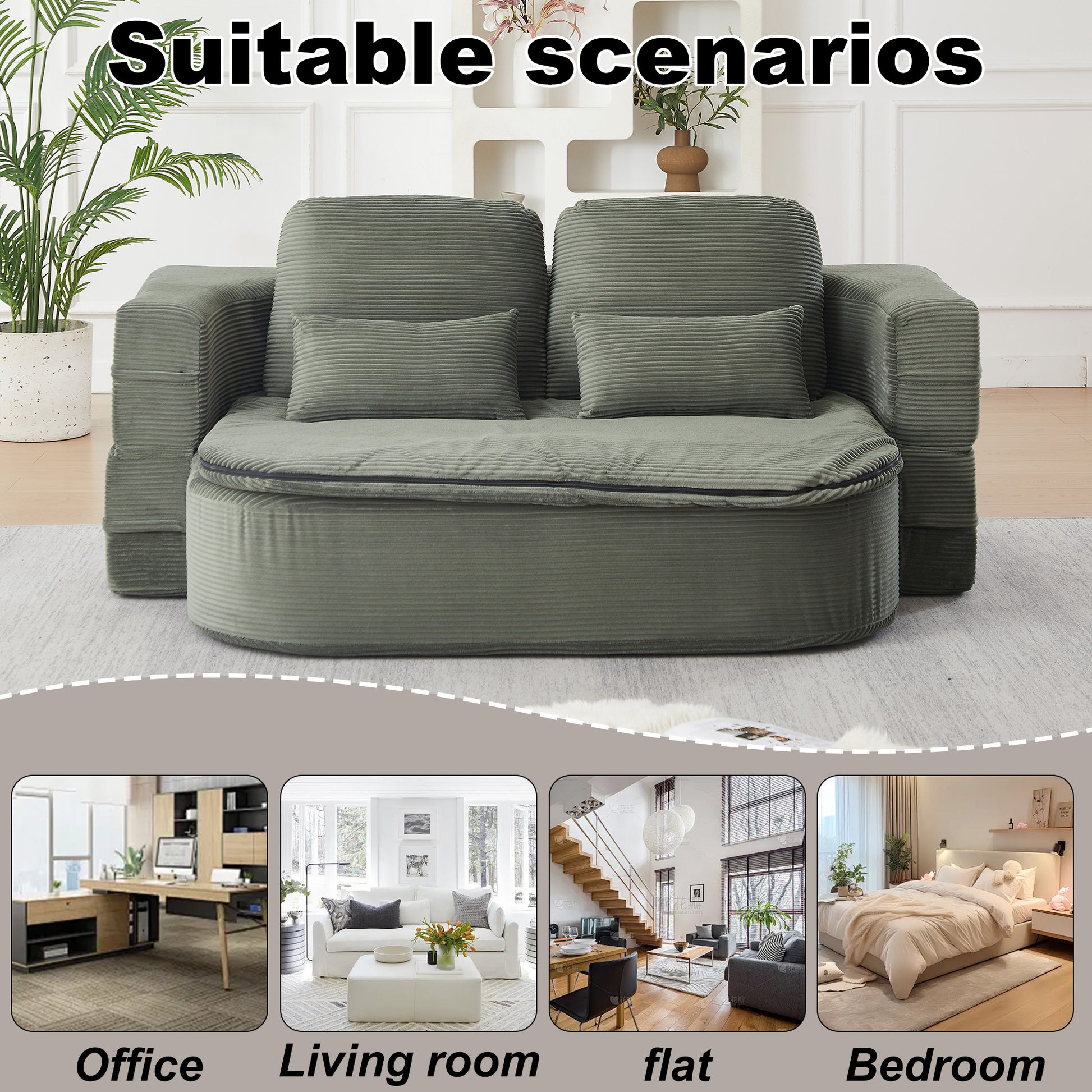 75''2-in-1 Foldable Sofa,Convertible Sleeper Foam Sofa Bed with Multi Functional Blanket, Corduroy Floor folding sofa bed, Floor Sofa Lounge Sofa for Living Room Bedroom Lounge Studio image 6