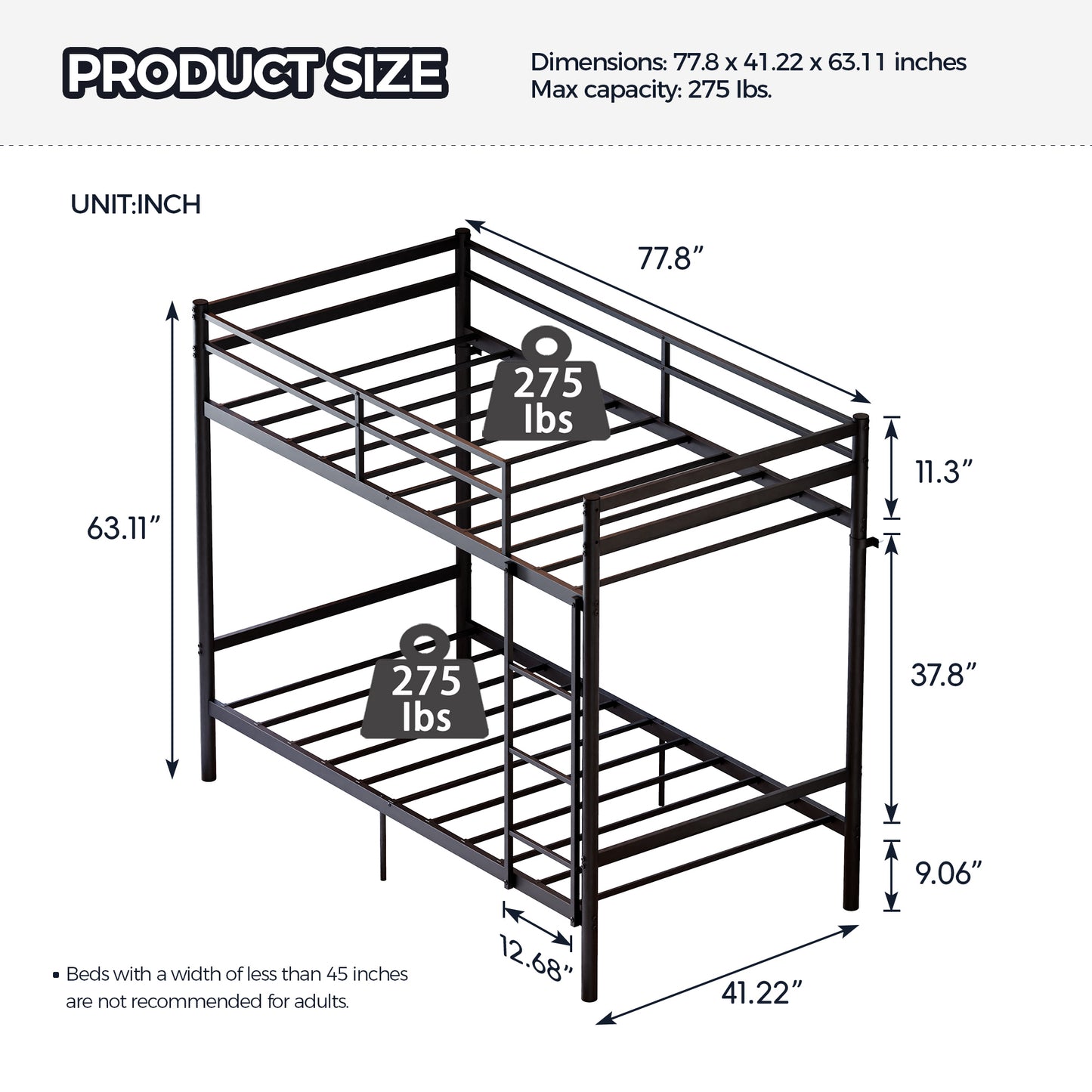 Bunk Bed with Ladder and high Guardrail, Metal Bunk Bed, Storage Space, Noise Free,Twin Over Twin Size,Black image 2