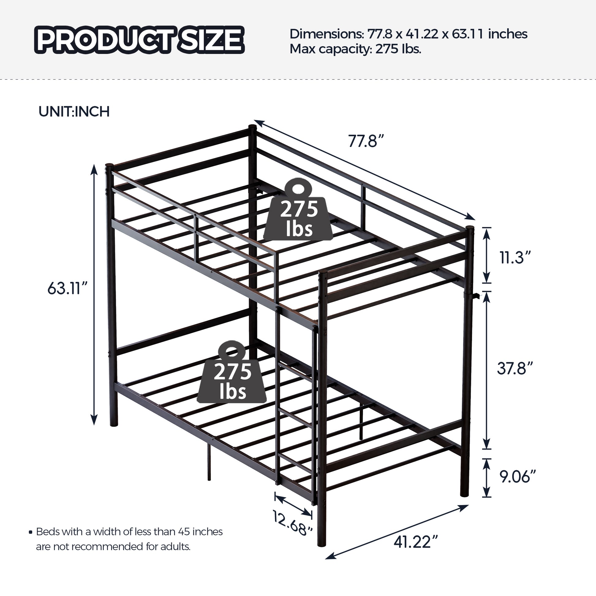 Bunk Bed with Ladder and high Guardrail, Metal Bunk Bed, Storage Space, Noise Free,Twin Over Twin Size,Black image 2