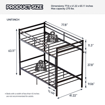 Bunk Bed with Ladder and high Guardrail, Metal Bunk Bed, Storage Space, Noise Free,Twin Over Twin Size,Black image 2