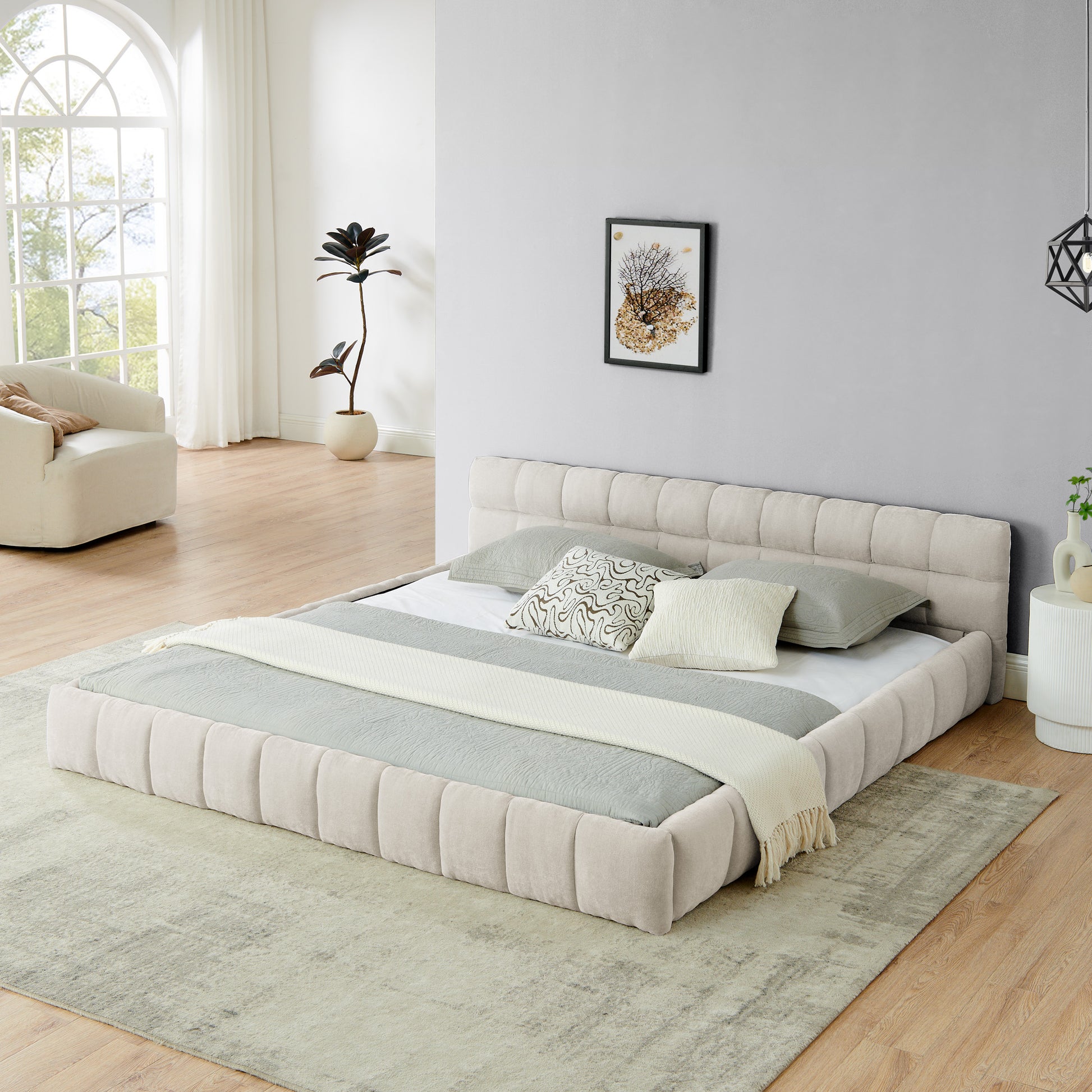 King size Upholstered Bed Frame with Thick Fabric, Chenille Fabric Grounded King Size Platform Bed with Headboard and Solid Frame. No Box Spring Needed-Beige(88.5''*85.5''*24'') image 1