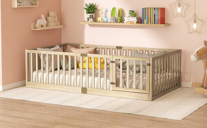 Twin Size Floor Bed with High Fence Railings, with Door, Rubber Wood Floor Bed with Safety Guardrails,Natural image 4