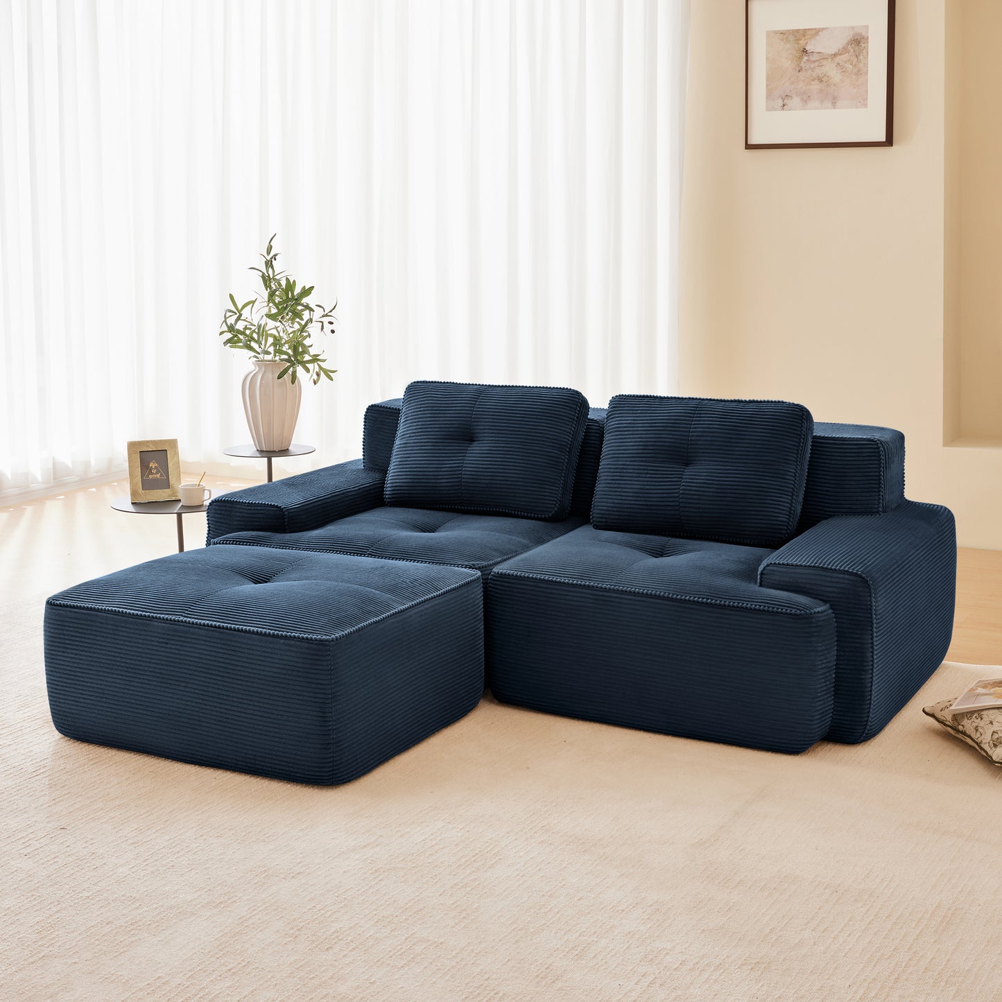 82" Modern L-Shaped Modular Sectional Sofa for Living Room, Corduroy Fabric, 2-Seater Couch with Deep Seat and Movable Ottoman, Pearl-like piping, Tufted Design, No Assembly, Anti-slip Design​, Blue image 2