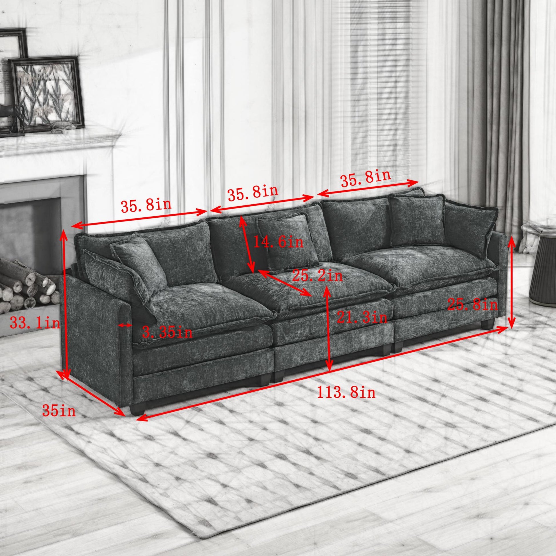 Cloud Sofa 3 Seats (Ottoman is not included), Modern Sectional Couch, for Living Room Bedroom and Apartment, Comfy Double Layer Upholstered Seat Cushion, Breathable Chenille Fabric,Orange,SS5013OG image 5