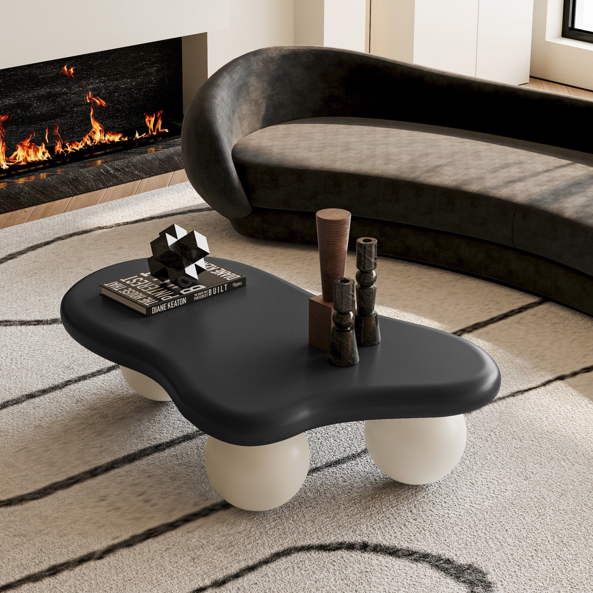 40 Inch Cloud Shaped Coffee Table with 3 Ball Legs for Living Room, Black Top White Legs image 4