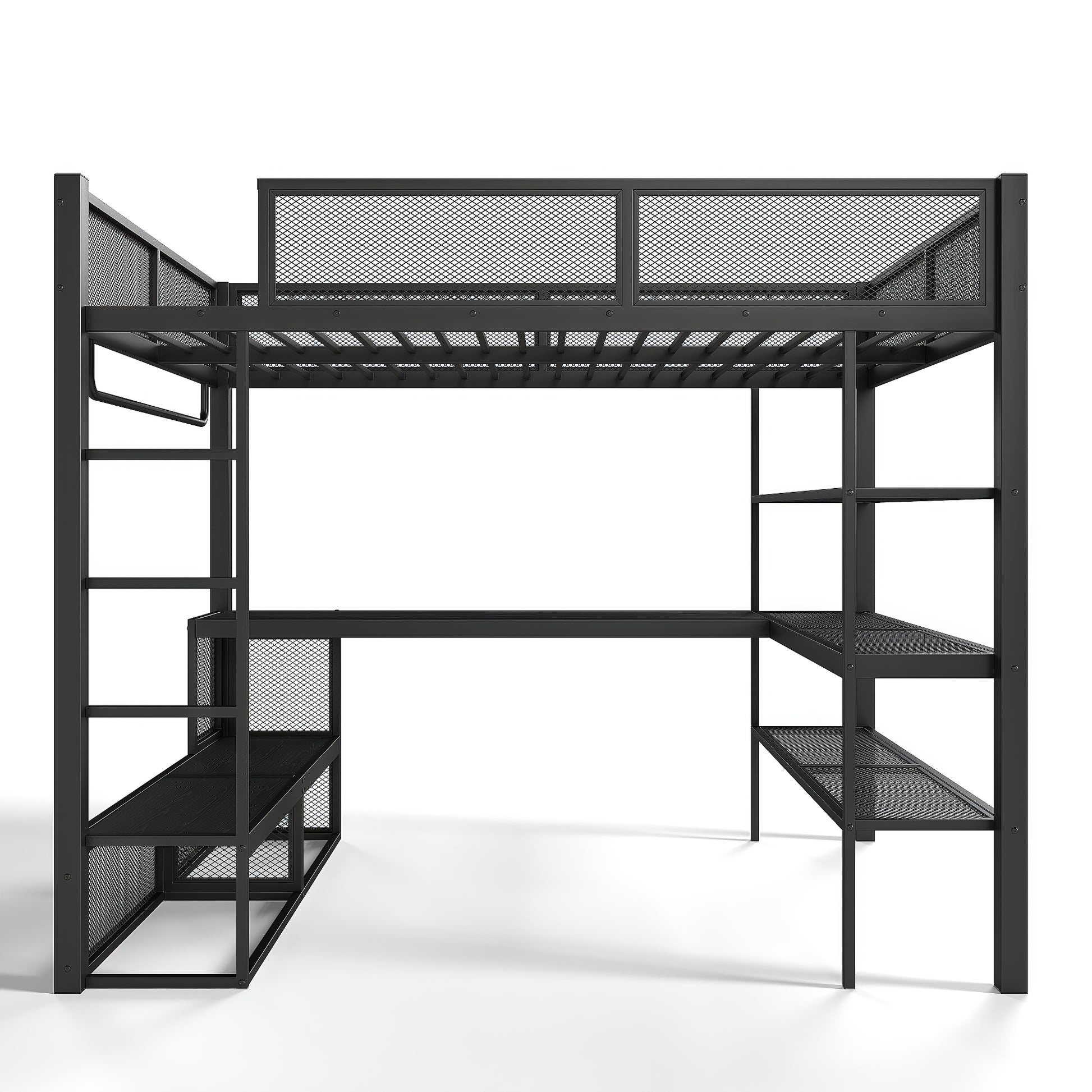 Queen Size Loft Bed with Storage Shelves, Metal Loft Bed with Clothes Hanging Rod and Desk, No Box Spring Needed Design, Black image 12