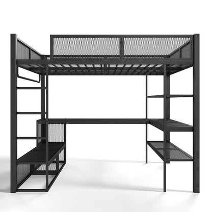 Queen Size Loft Bed with Storage Shelves, Metal Loft Bed with Clothes Hanging Rod and Desk, No Box Spring Needed Design, Black image 12