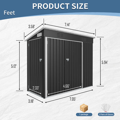 4 x 8 FT Galvanized Steel Outdoor Storage Shed with 3 Access Doors, Ventilated Weatherproof Metal Utility Shed for Garden Tools, Bikes & Patio Equipment,Black(3.58*7.41 ft) image 5