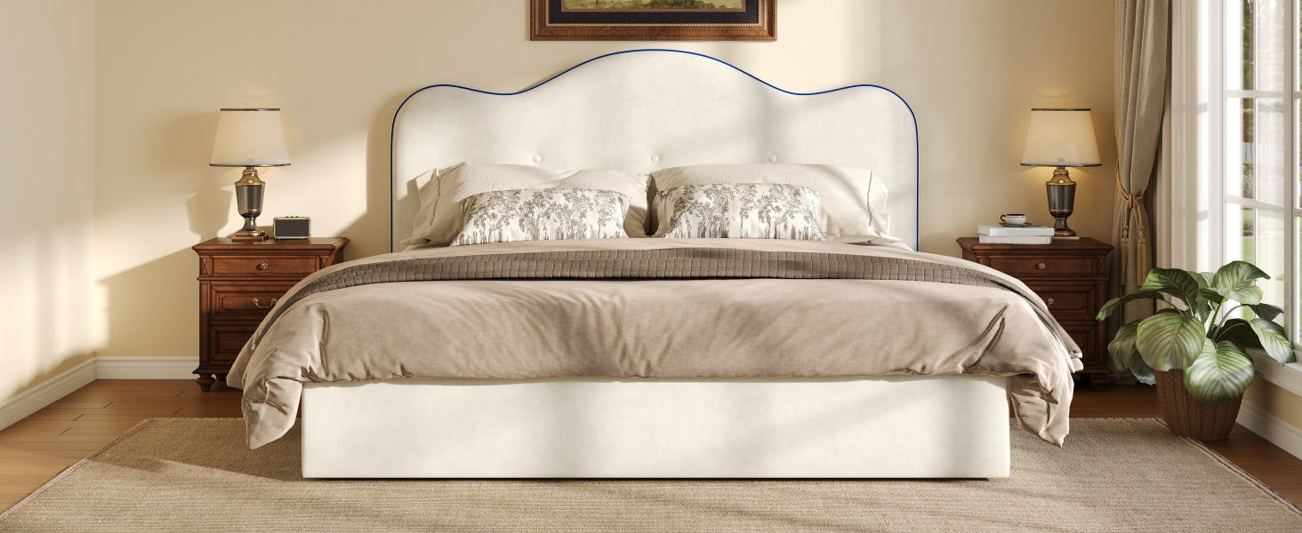 Queen Size Upholstered Platform Bed, Beige image 7