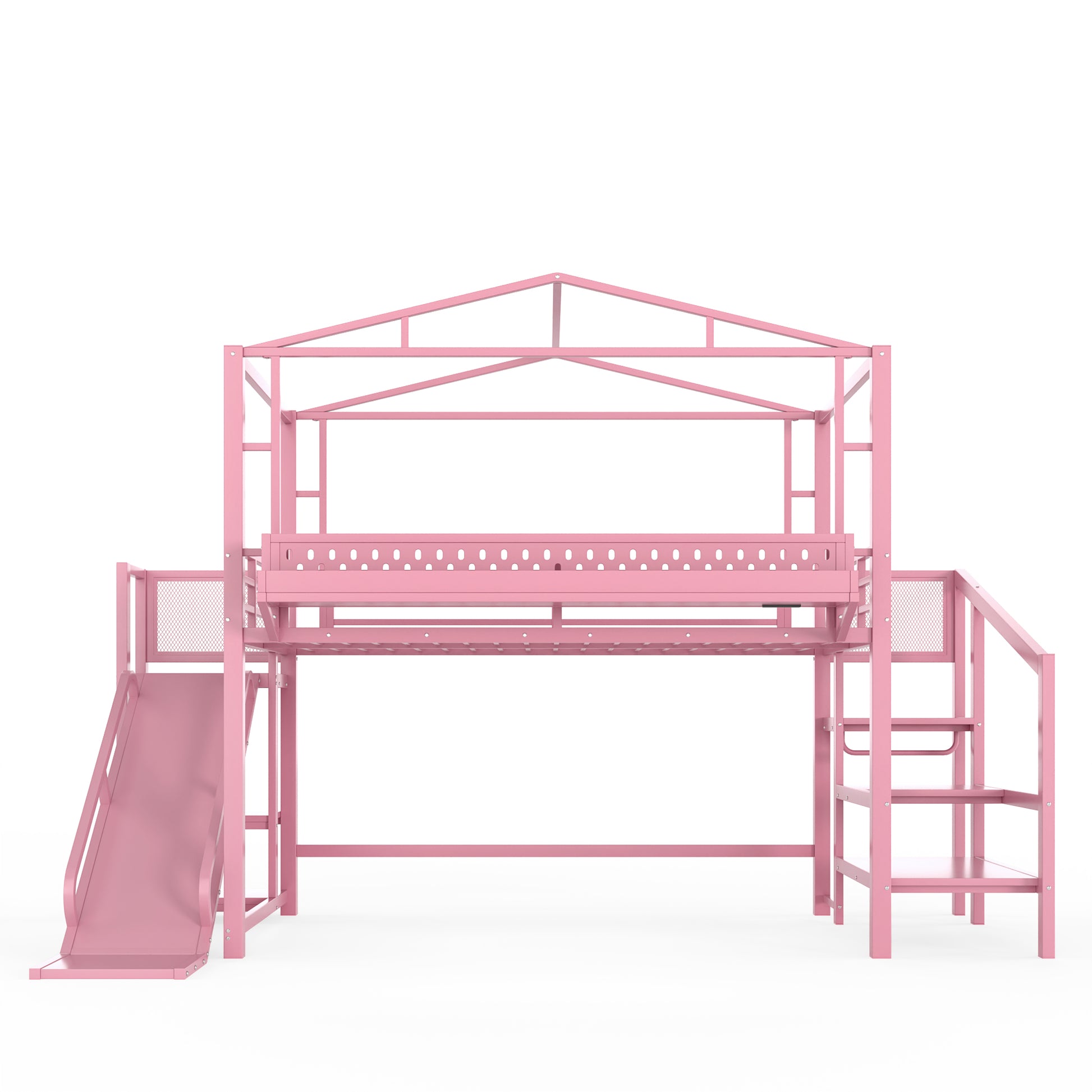 Full Size Loft Bed with Storage Stairs, Shelves and Built-in Wardrobe, Metal Loft Bed Frame with USB Ports and LED Lights, Noise-reduced Design, Pink image 12