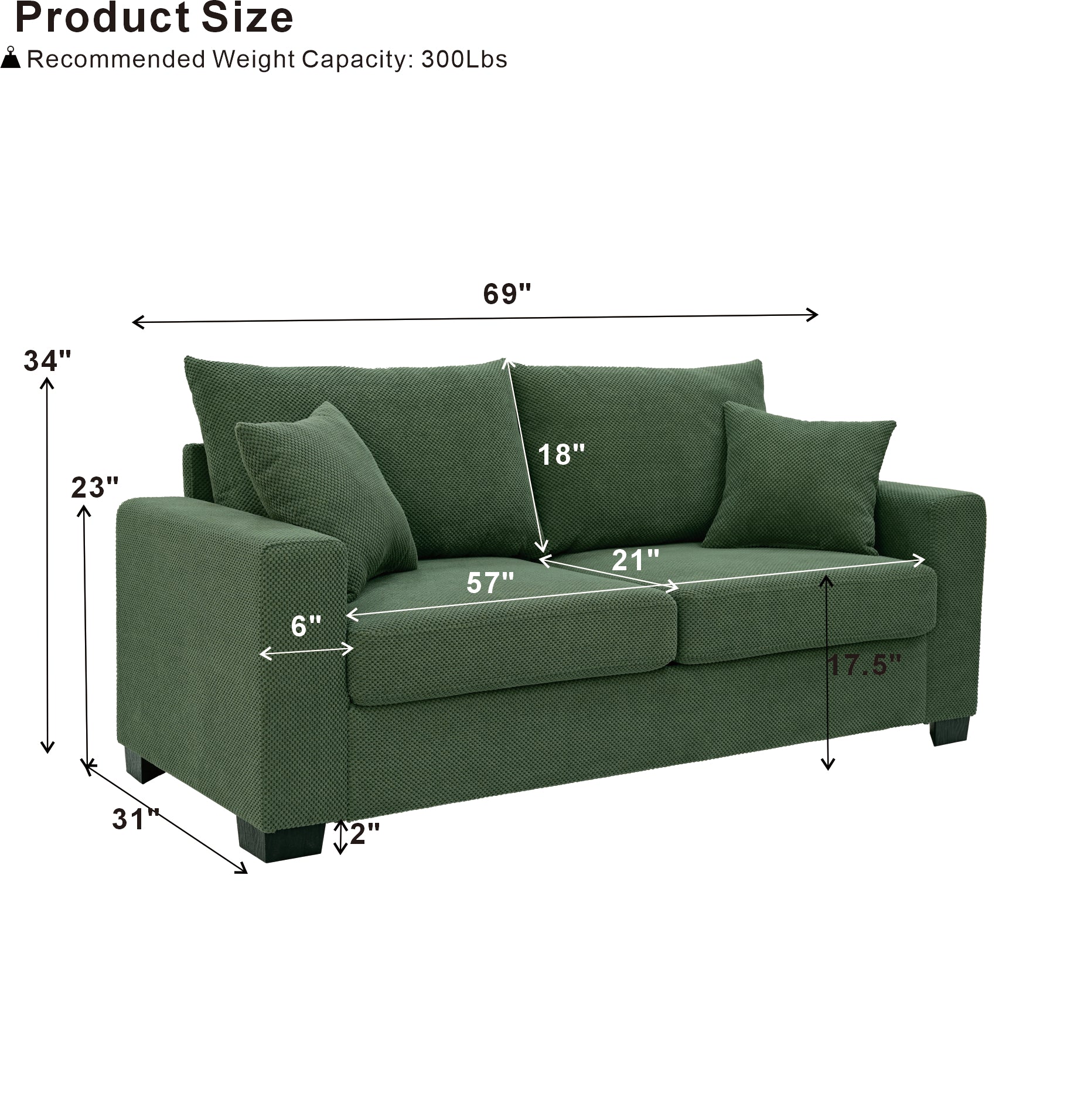 69-inch two-seater Sofa with Textured Fabric, Comfortable Upholstered Couch with 2 Throw Pillows and Sturdy Plastic Legs for Living Room, Apartment, Office, Dark Green image 5