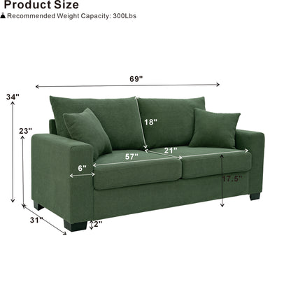 69-inch two-seater Sofa with Textured Fabric, Comfortable Upholstered Couch with 2 Throw Pillows and Sturdy Plastic Legs for Living Room, Apartment, Office, Dark Green image 5