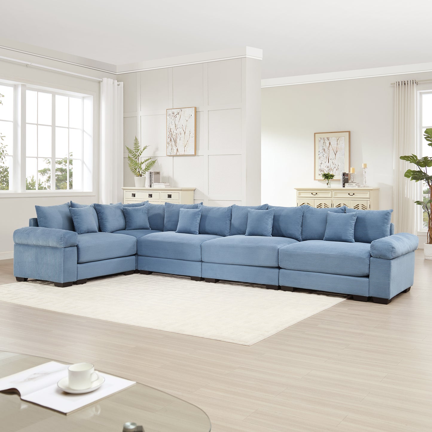 Oversized Cloud Modular Sectional Couch,Convertible Sectional Couches Deep Seat Extra-Wide Armrests, 18Throw Pillows Premium Corduroy Fabric, Ergonomic Design,Easy Assembly, For Study,Blue image 2