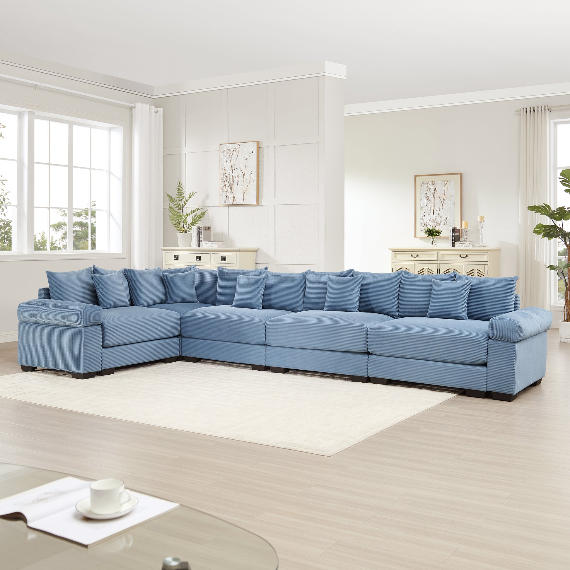 Oversized Cloud Modular Sectional Couch,Convertible Sectional Couches Deep Seat Extra-Wide Armrests, 18Throw Pillows Premium Corduroy Fabric, Ergonomic Design,Easy Assembly, For Study,Blue image 2