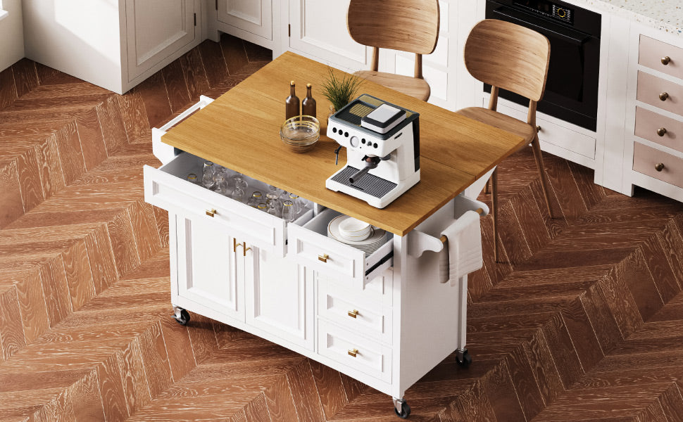 K&K 52'' Kitchen Island with Drop Leaf, Embossed Texture Kitchen Island on Wheels with Spice Rack, Towel Rack, 2 Doors and 5 Drawers, Kitchen Storage Cart with Adjustable Shelf for Kitchen, White image 3