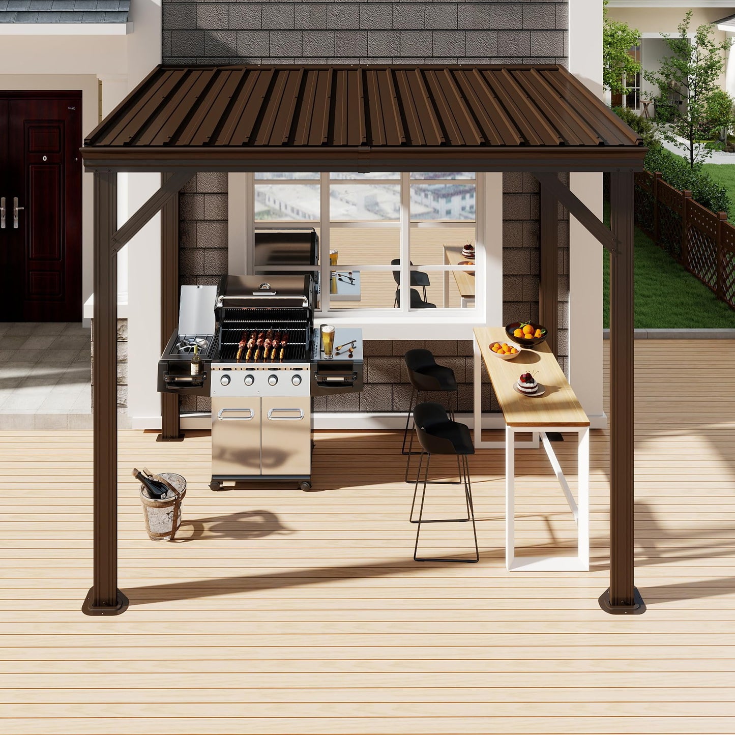 8x5FT Lean to Gazebo, Outdoor Hardtop Wall Mounted Gazebo with Sloping Galvanized Steel Roof, Upgraded Heavy Duty Mounted Shelter with Drainage System for Deck, Porch, Backyard,Brown image 8
