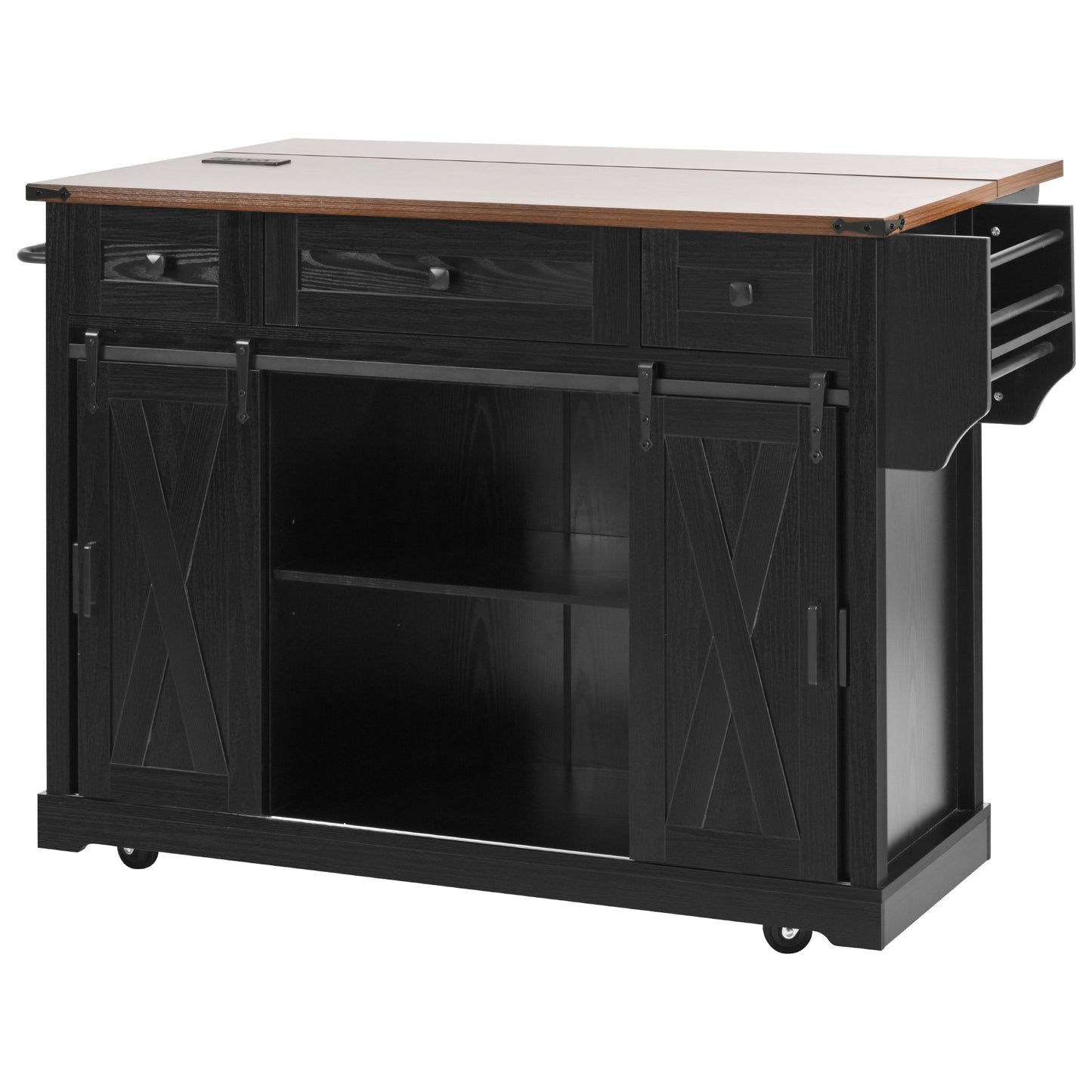 K&K 58" Farmhouse Kitchen Island with Storage, Sliding Barn Door & Metal Grid Side Door, Rolling Kitchen Island on 5 Wheels with Spice Rack, Glass Holders,Island Table with Drop Leaf for Kitchen,Black image 8