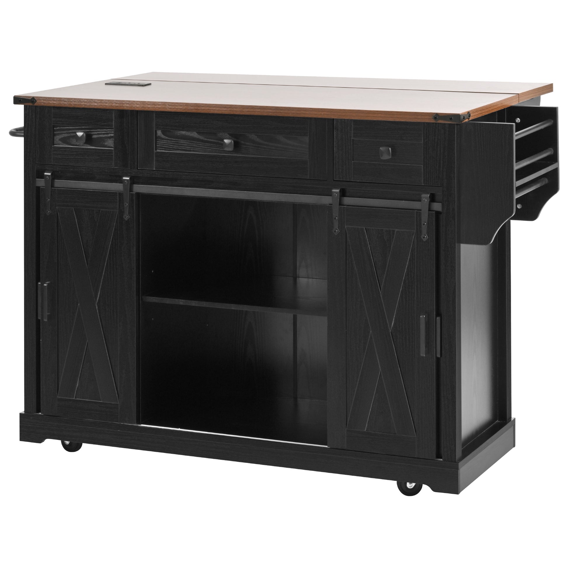 K&K 58" Farmhouse Kitchen Island with Storage, Sliding Barn Door & Metal Grid Side Door, Rolling Kitchen Island on 5 Wheels with Spice Rack, Glass Holders,Island Table with Drop Leaf for Kitchen,Black image 8