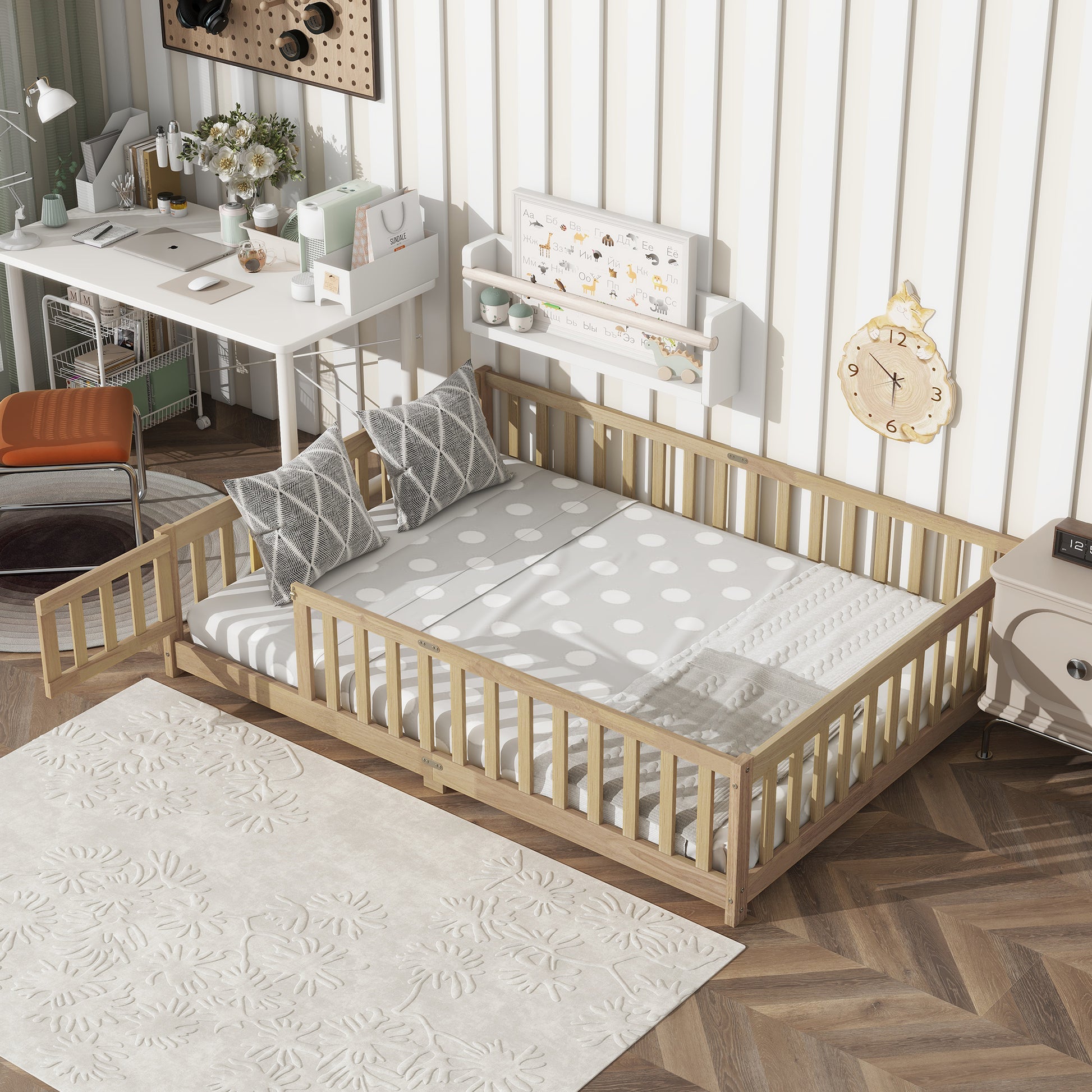 Full Size Floor Bed with Fence and Door,Rubber Wood Floor Bed with Safety Guardrails,Natural (Old Sku W504P286380) image 3