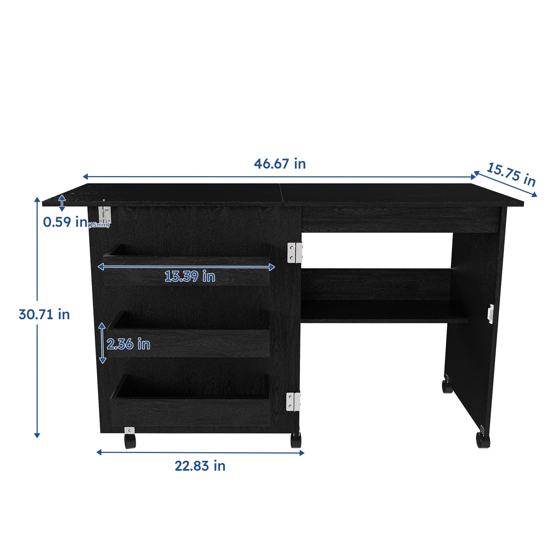 Black 45.67'' 4-in-1 Folding Sewing Table with Lockable Wheels – Multi-Functional Craft Station, End Table, Computer Desk & Kitchen Storage with Shelves, Rolling Sewing Machine Table for Apartments image 10