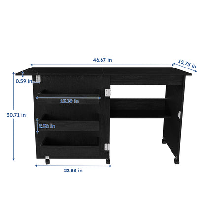 Black 45.67'' 4-in-1 Folding Sewing Table with Lockable Wheels – Multi-Functional Craft Station, End Table, Computer Desk & Kitchen Storage with Shelves, Rolling Sewing Machine Table for Apartments image 10