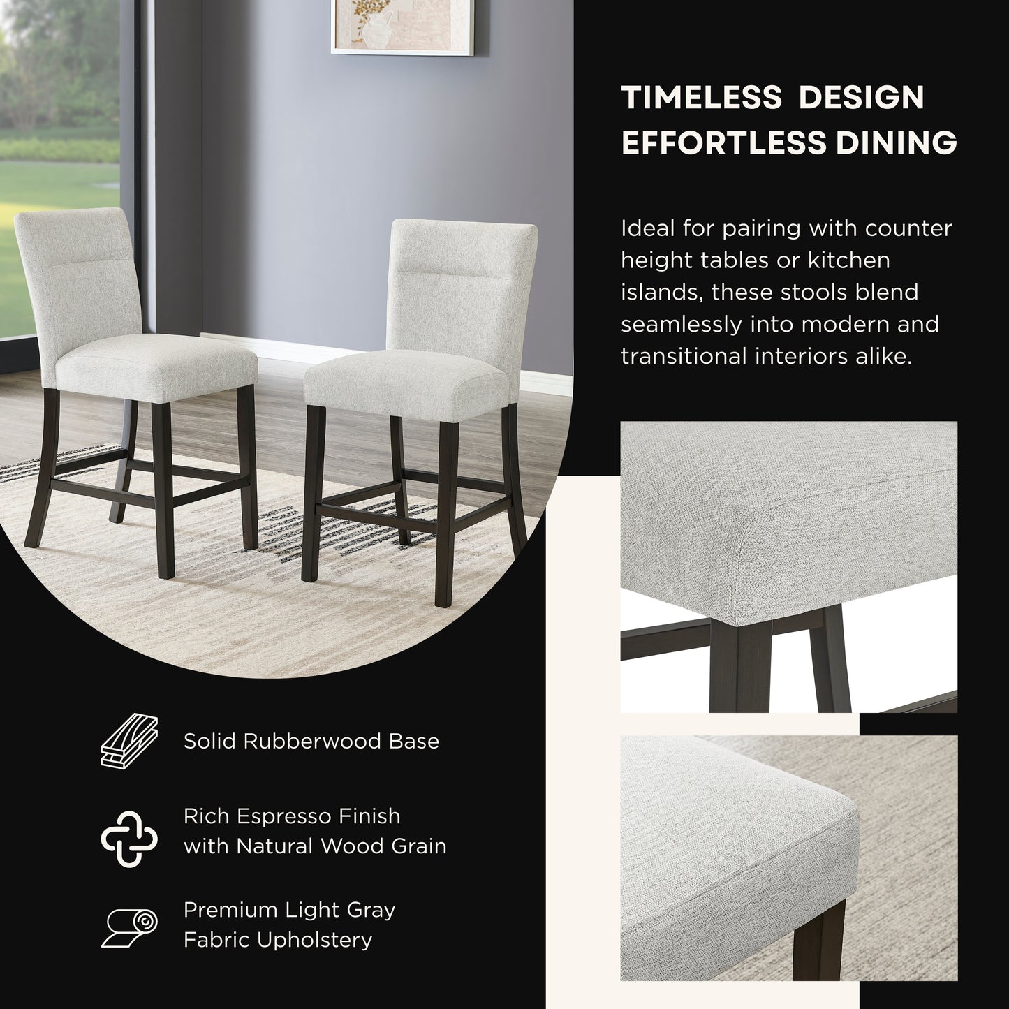 Cavira Modern Upholstered Counter Height Stools, Set of 2, Gray image 4