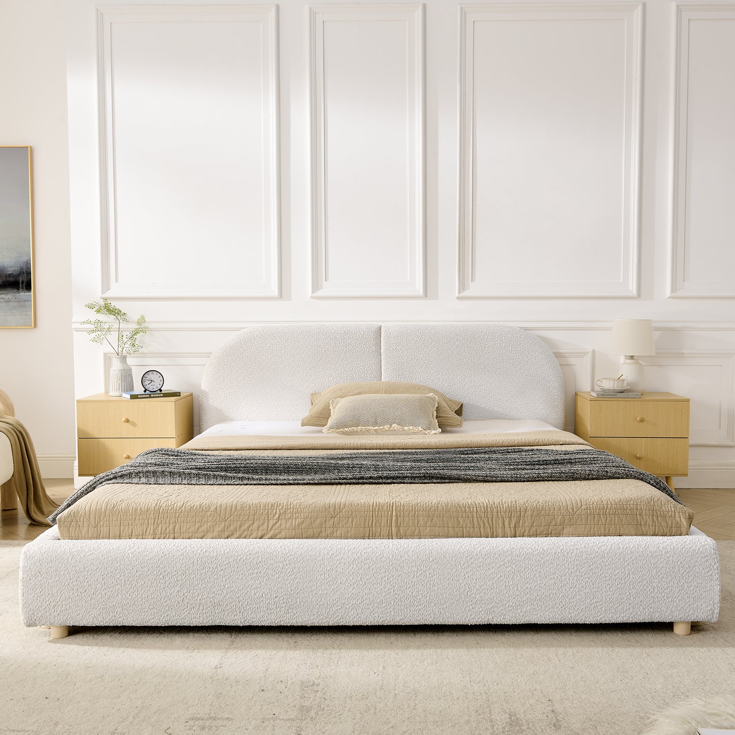 Queen Size Upholstered Bed Frame, Modern Minimalist Style with Tall Curved Headboard, Premium Circle Yarn Fabric & Sturdy Leg Support, Mattress Not Included-Beige image 3