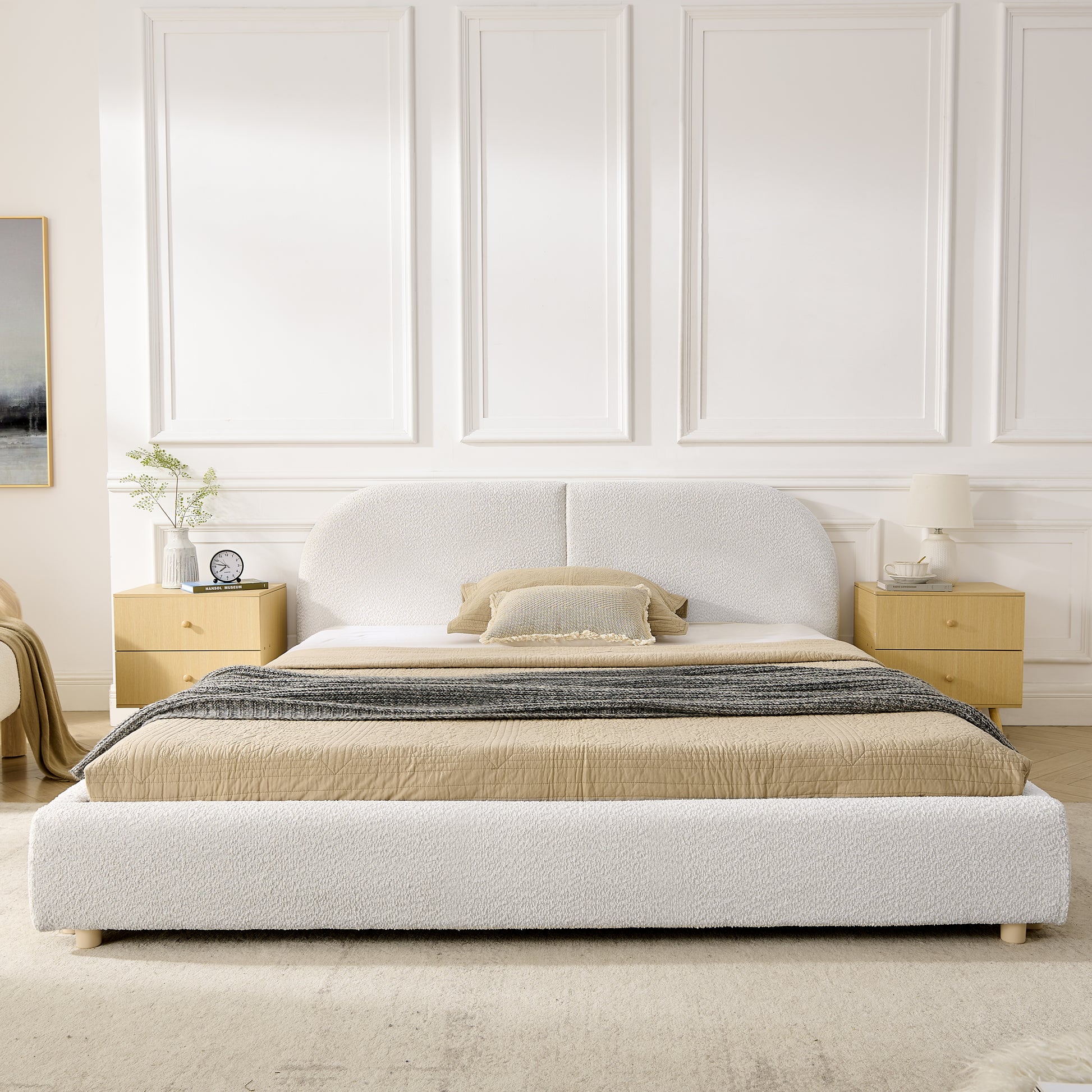Queen Size Upholstered Bed Frame, Modern Minimalist Style with Tall Curved Headboard, Premium Circle Yarn Fabric & Sturdy Leg Support, Mattress Not Included-Beige image 3
