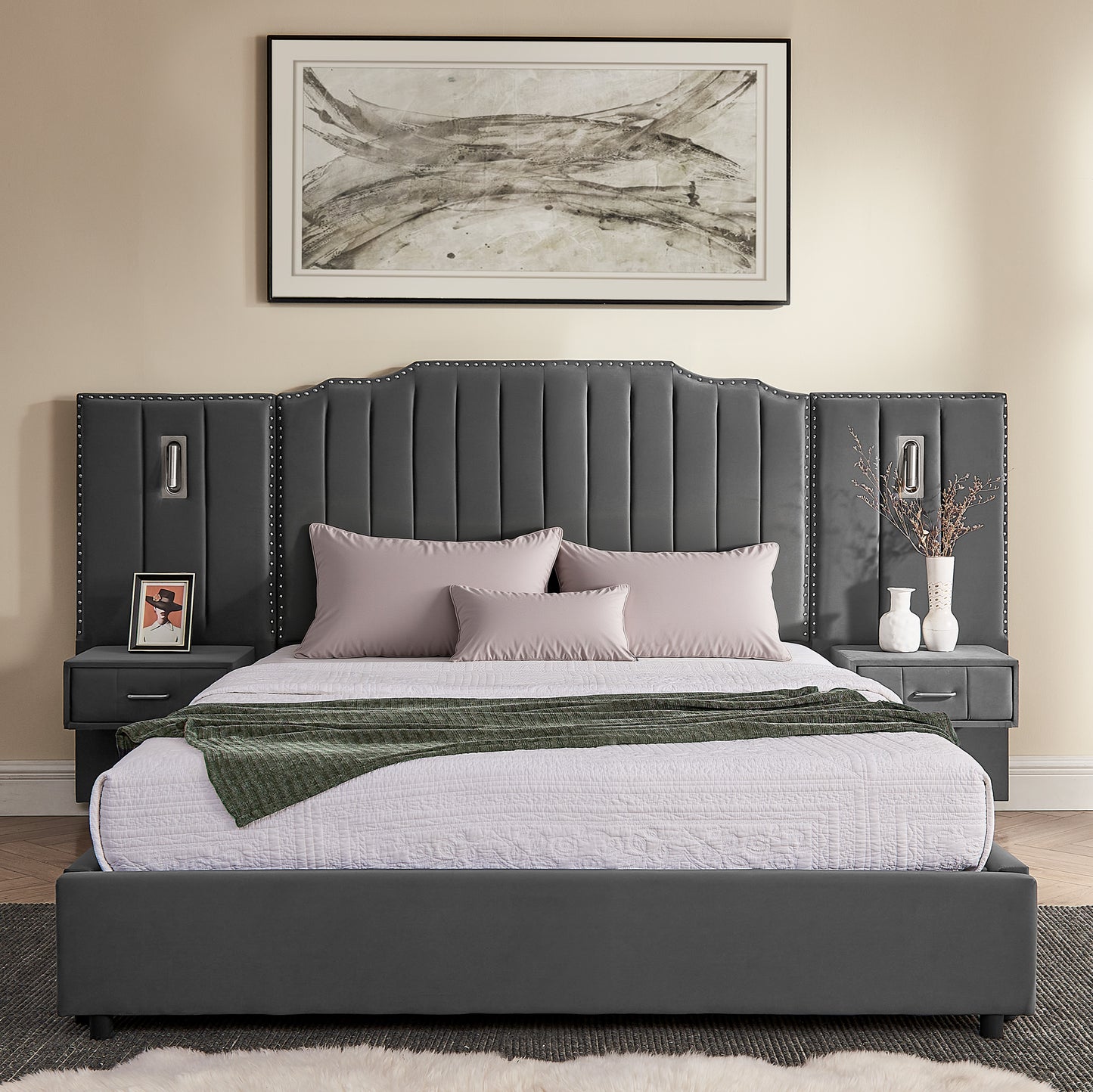 Queen Size Upholstered Bed Frame with Velvet Fabric, Vertical Stripe Design with Buttons Around Platform Bed with Headboard, Solid Frame & Bedside Table - No Box Spring Needed-Gray image 6